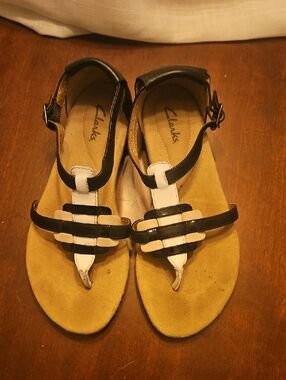 Clarks Black and White Leather Strappy Sandals